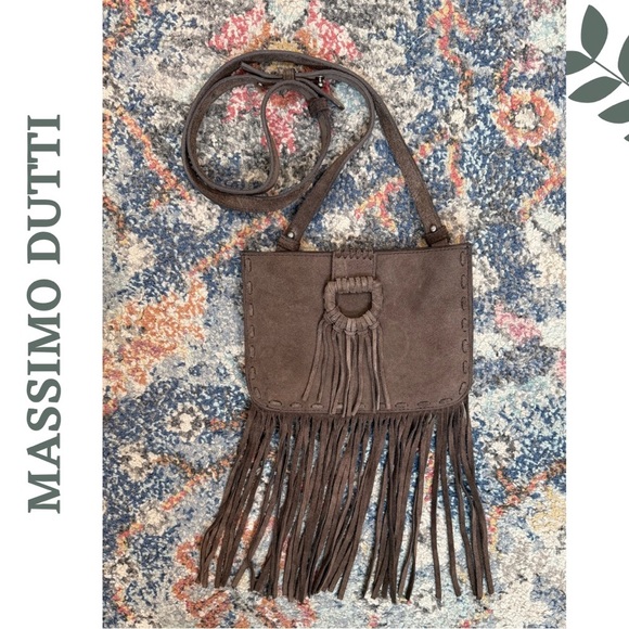 Massimo Dutti Brown Suede Fringe Crossbody Bag | Zip Closure | Adjustable Strap - Picture 2 of 10